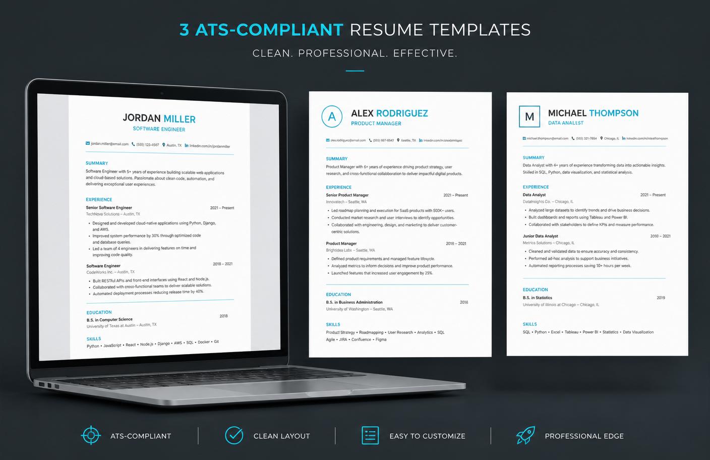 Preview of three ATS-compliant resume templates in Word and Google Docs format